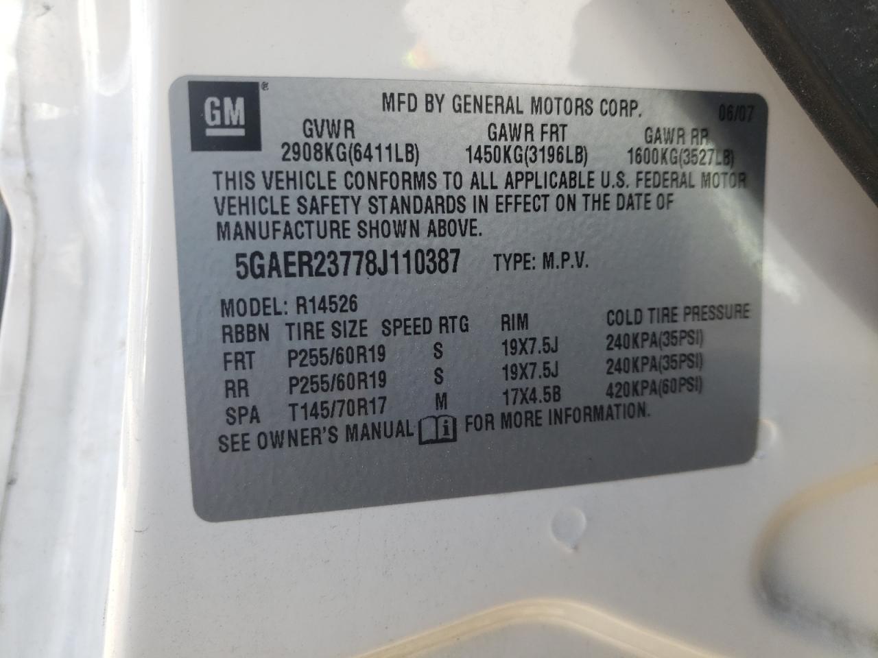 Фото 10 с аукциона – 2008 BUICK ENCLAVE CX с VIN 5GAER23778J110387
