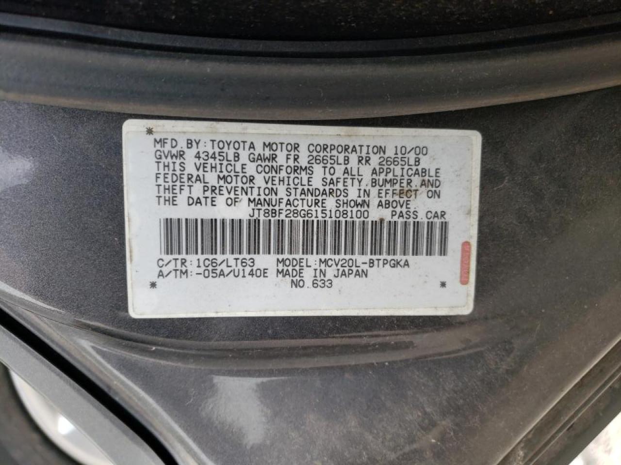 Photo 20 from auction – 2001 LEXUS ES 300 with VIN JT8BF28G615108100