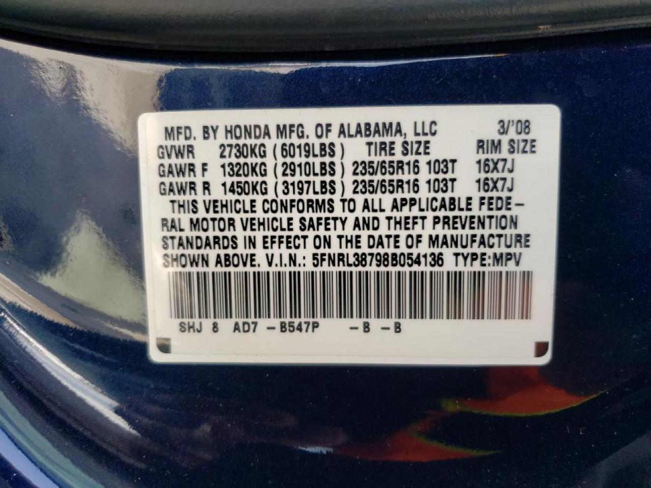 Photo 10 from auction – 2008 HONDA ODYSSEY EX with VIN 5FNRL38798B054136