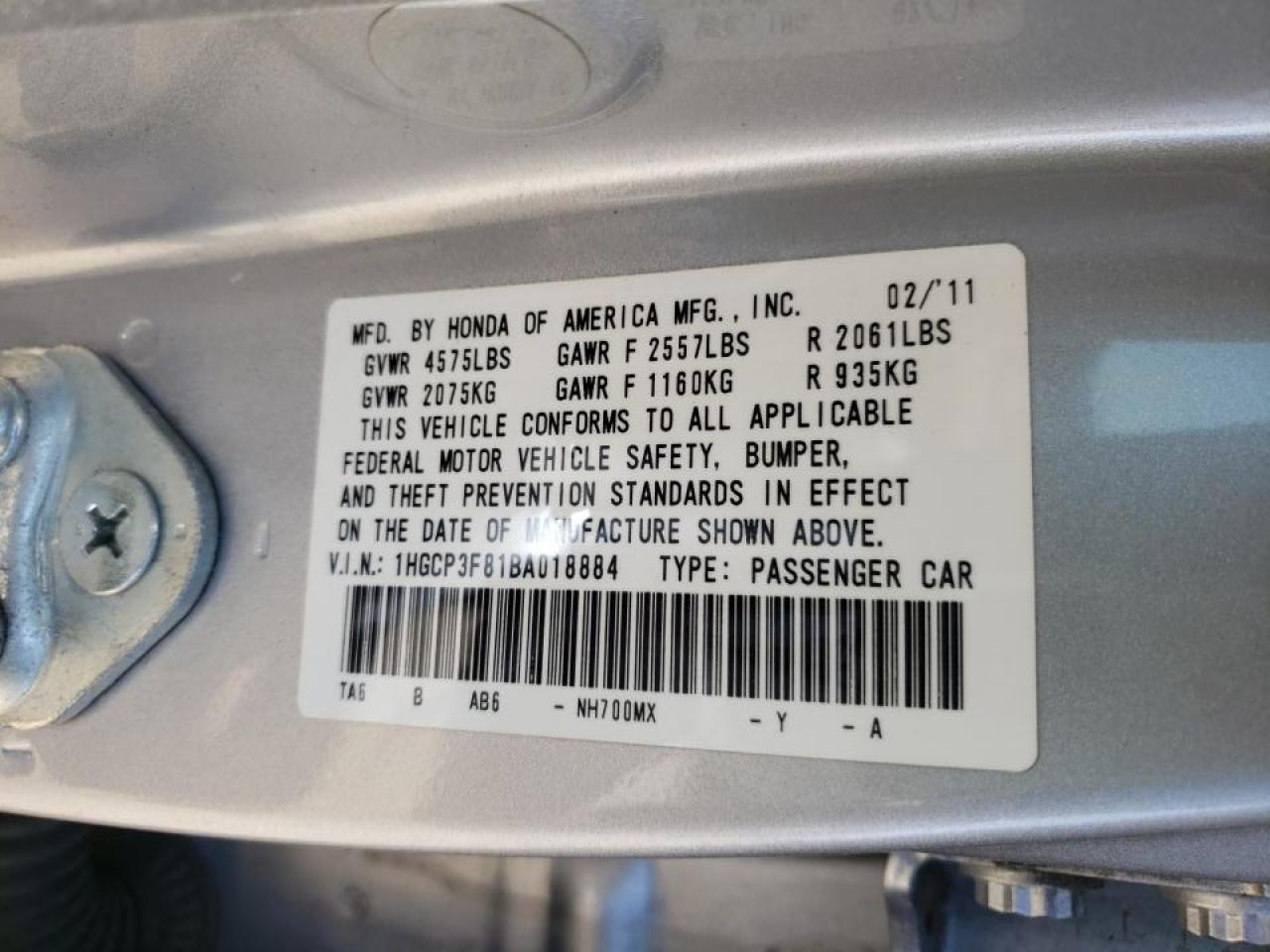Photo 10 from auction – 2011 HONDA ACCORD EXL with VIN 1HGCP3F81BA018884
