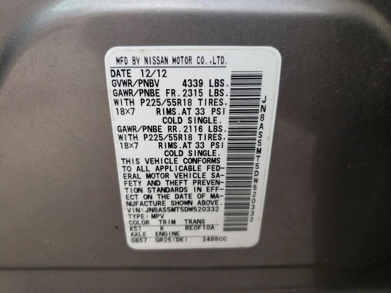 Photo 10 from auction – 2013 NISSAN ROGUE S with VIN JN8AS5MT5DW520332