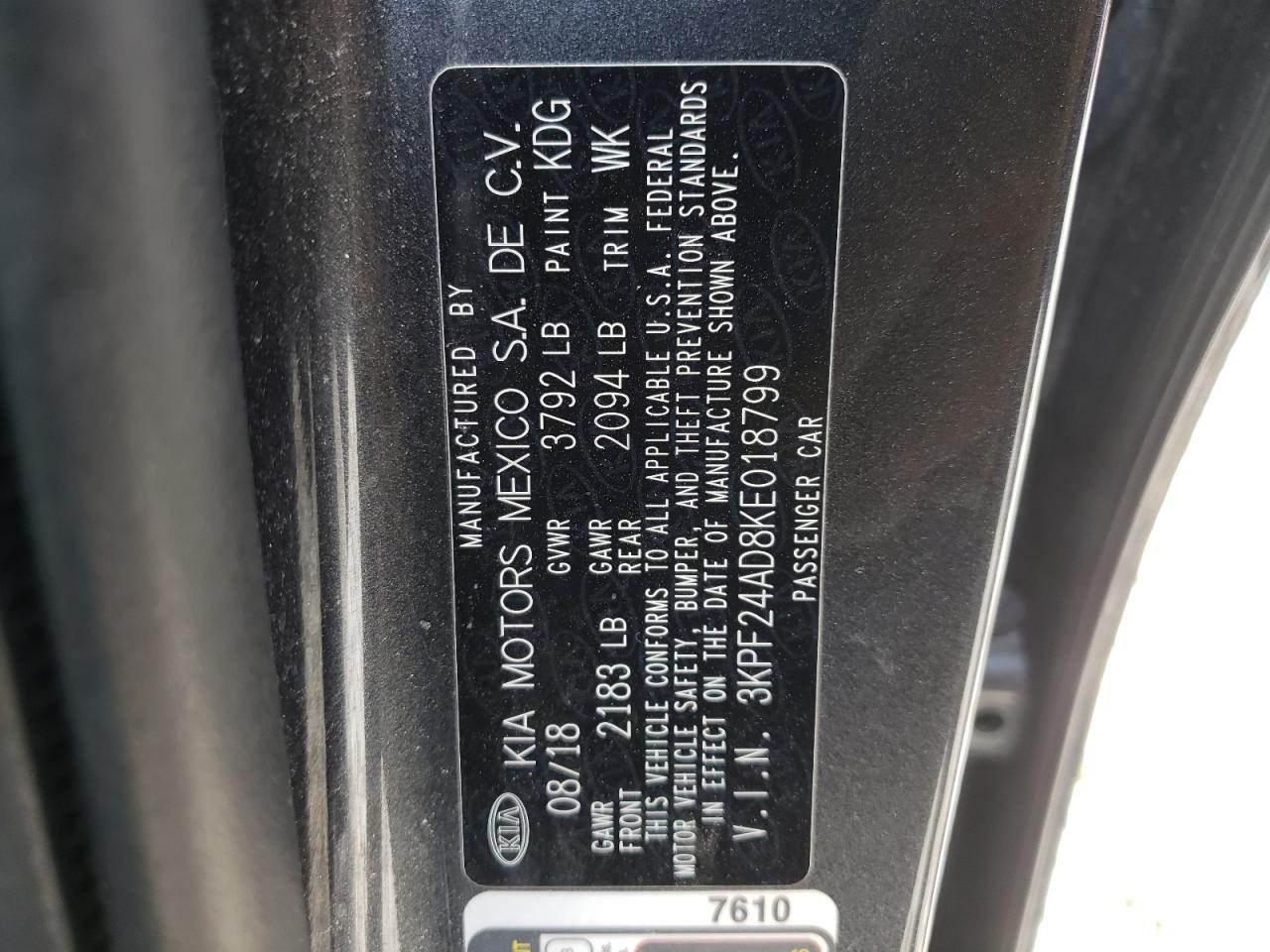Photo 11 from auction – 2019 KIA FORTE FE with VIN 3KPF24AD8KE018799