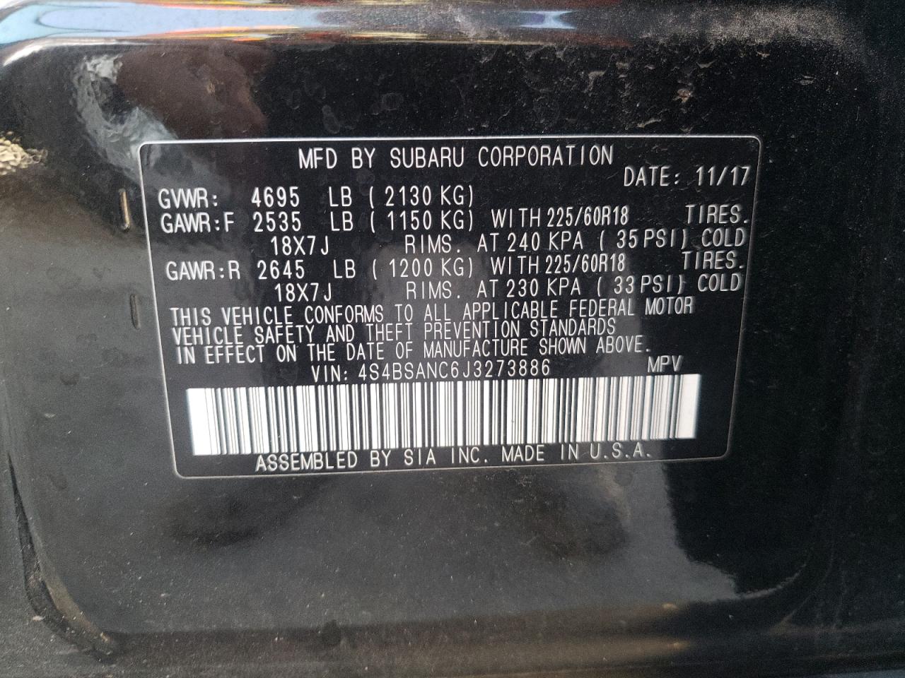 Photo 10 from auction – 2018 SUBARU OUTBACK 2. with VIN 4S4BSANC6J3273886