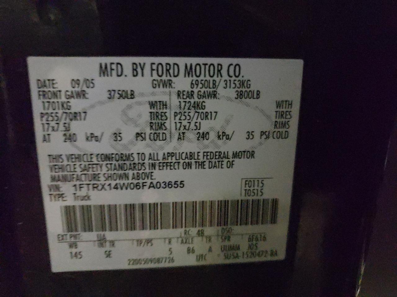 Photo 10 from auction – 2006 FORD F150 with VIN 1FTRX14W06FA03655