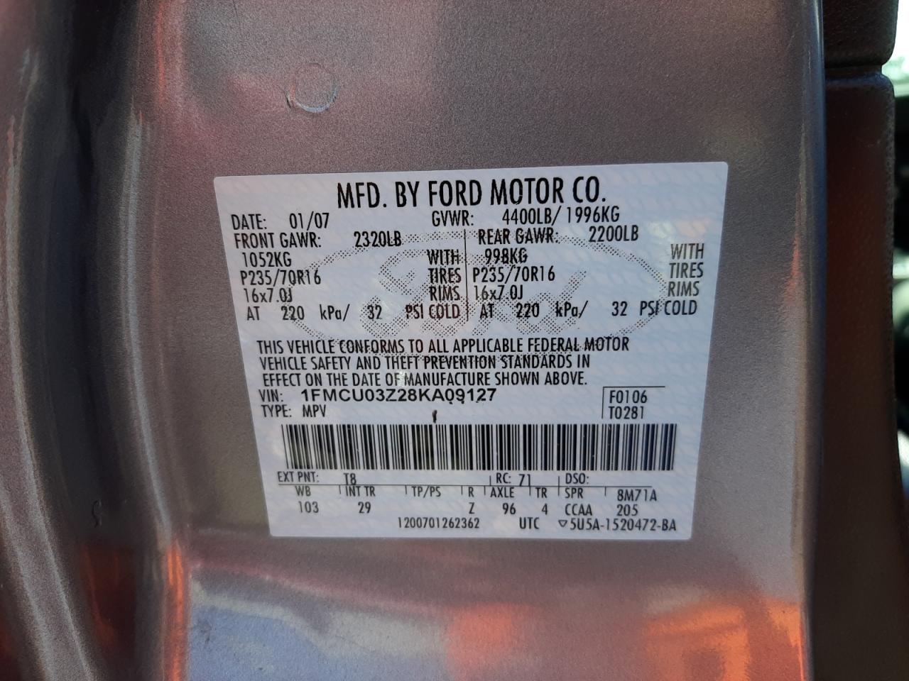 Photo 10 from auction – 2008 FORD ESCAPE XLT with VIN 1FMCU03Z28KA09127