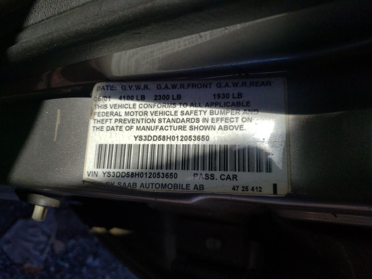 Photo 10 from auction – 2001 SAAB 9-3 with VIN YS3DD58H012053650