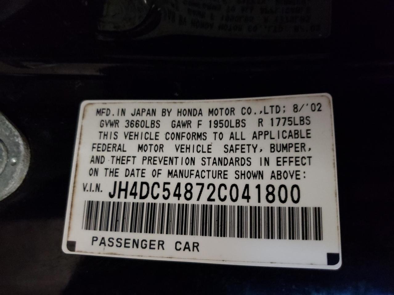 Photo 10 from auction – 2002 ACURA RSX with VIN JH4DC54872C041800