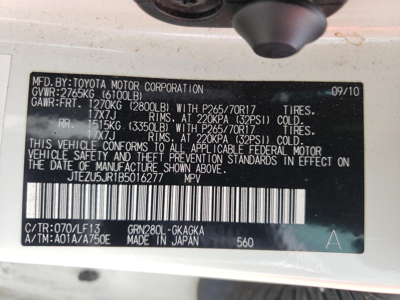 Photo 10 from auction – 2011 TOYOTA 4RUNNER SR with VIN JTEZU5JR1B5016277