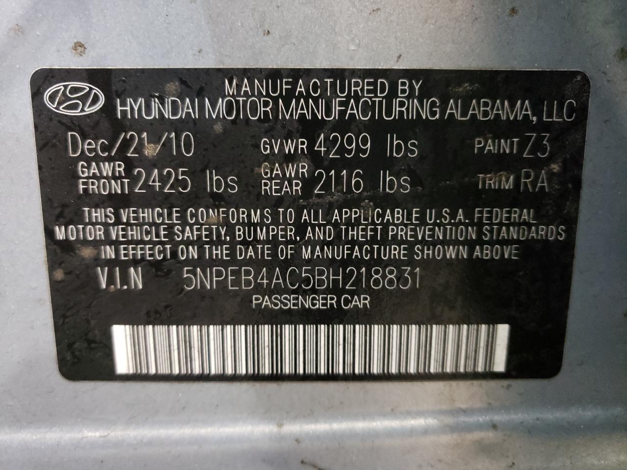 Photo 10 from auction – 2011 HYUNDAI SONATA GLS with VIN 5NPEB4AC5BH218831