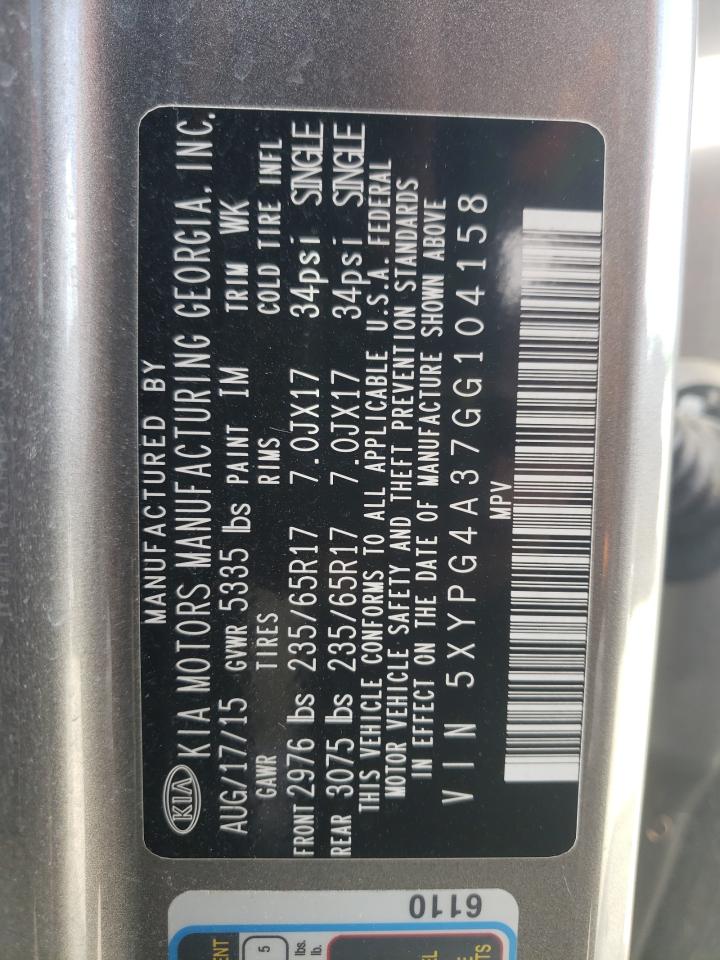 Photo 10 from auction – 2016 KIA SORENTO LX with VIN 5XYPG4A37GG104158