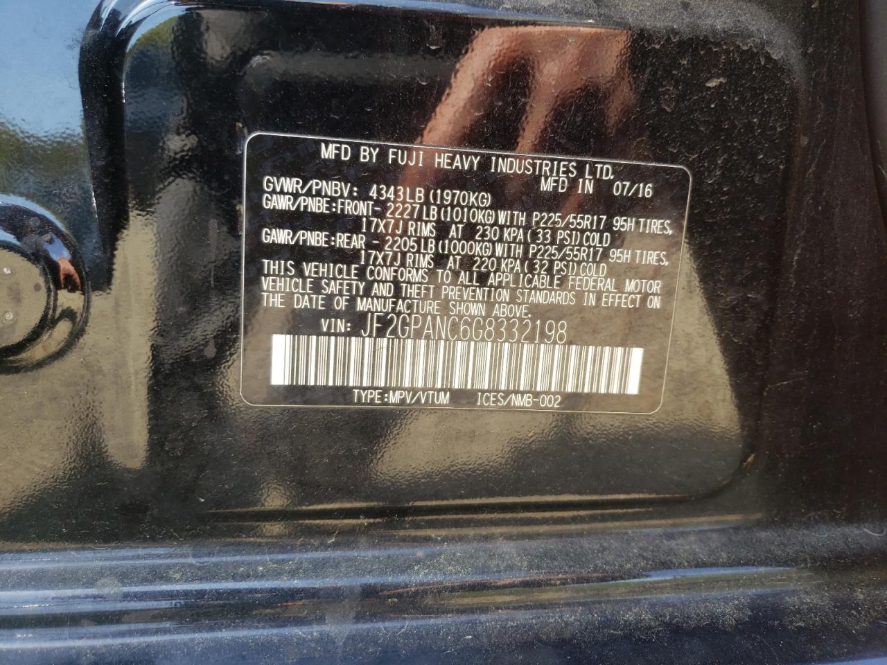 Photo 10 from auction – 2016 SUBARU CROSSTREK with VIN JF2GPANC6G8332198