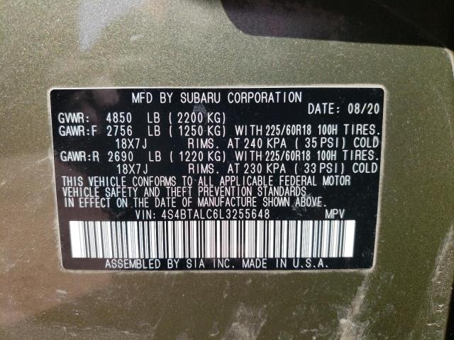 Photo 10 from auction – 2020 SUBARU OUTBACK LI with VIN 4S4BTALC6L3255648