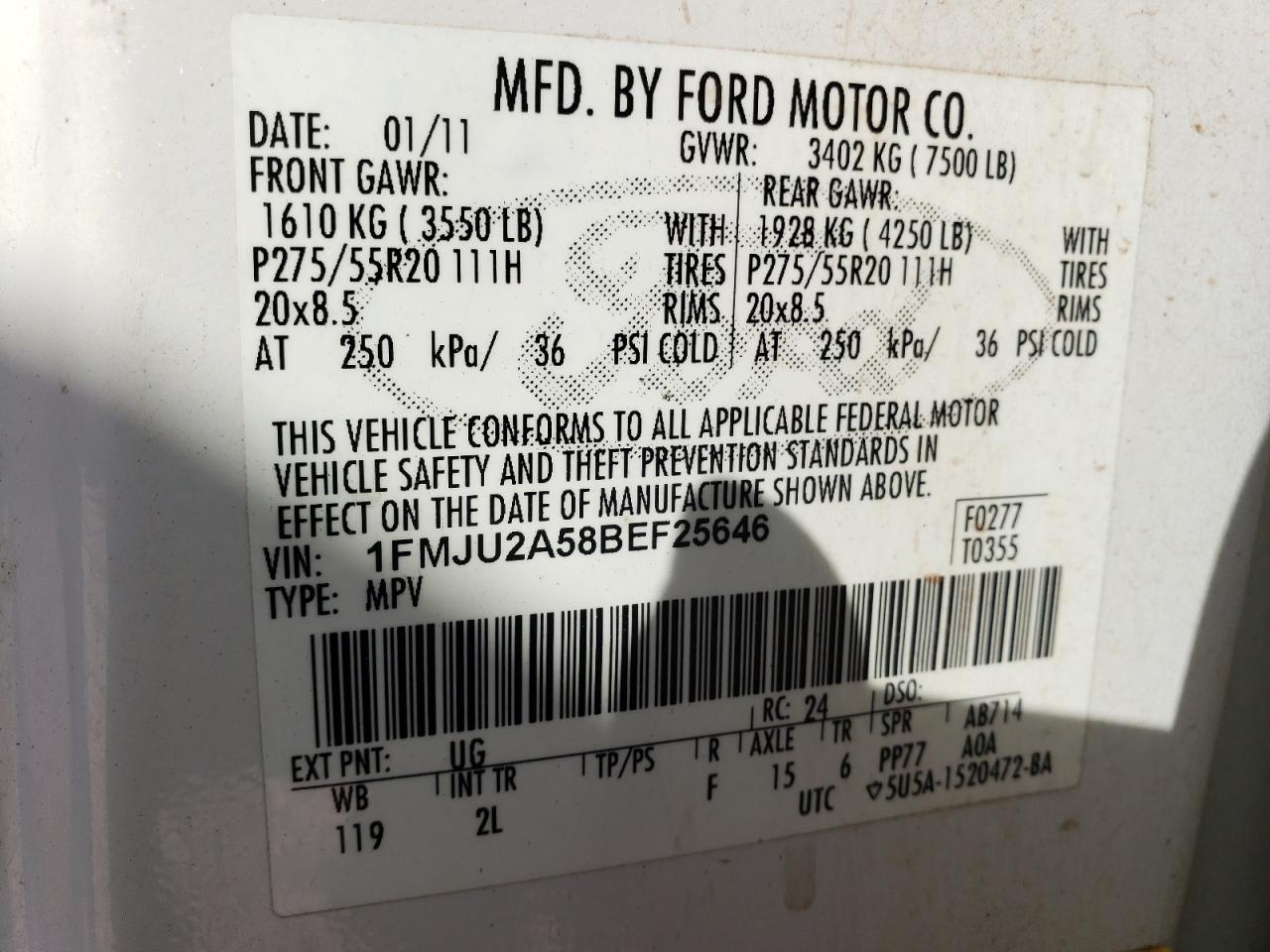 Photo 10 from auction – 2011 FORD EXPEDITION with VIN 1FMJU2A58BEF25646