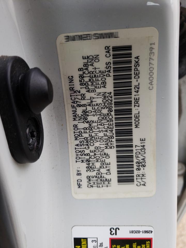Photo 10 from auction – 2012 TOYOTA COROLLA BA with VIN 5YFBU4EE9CP069224