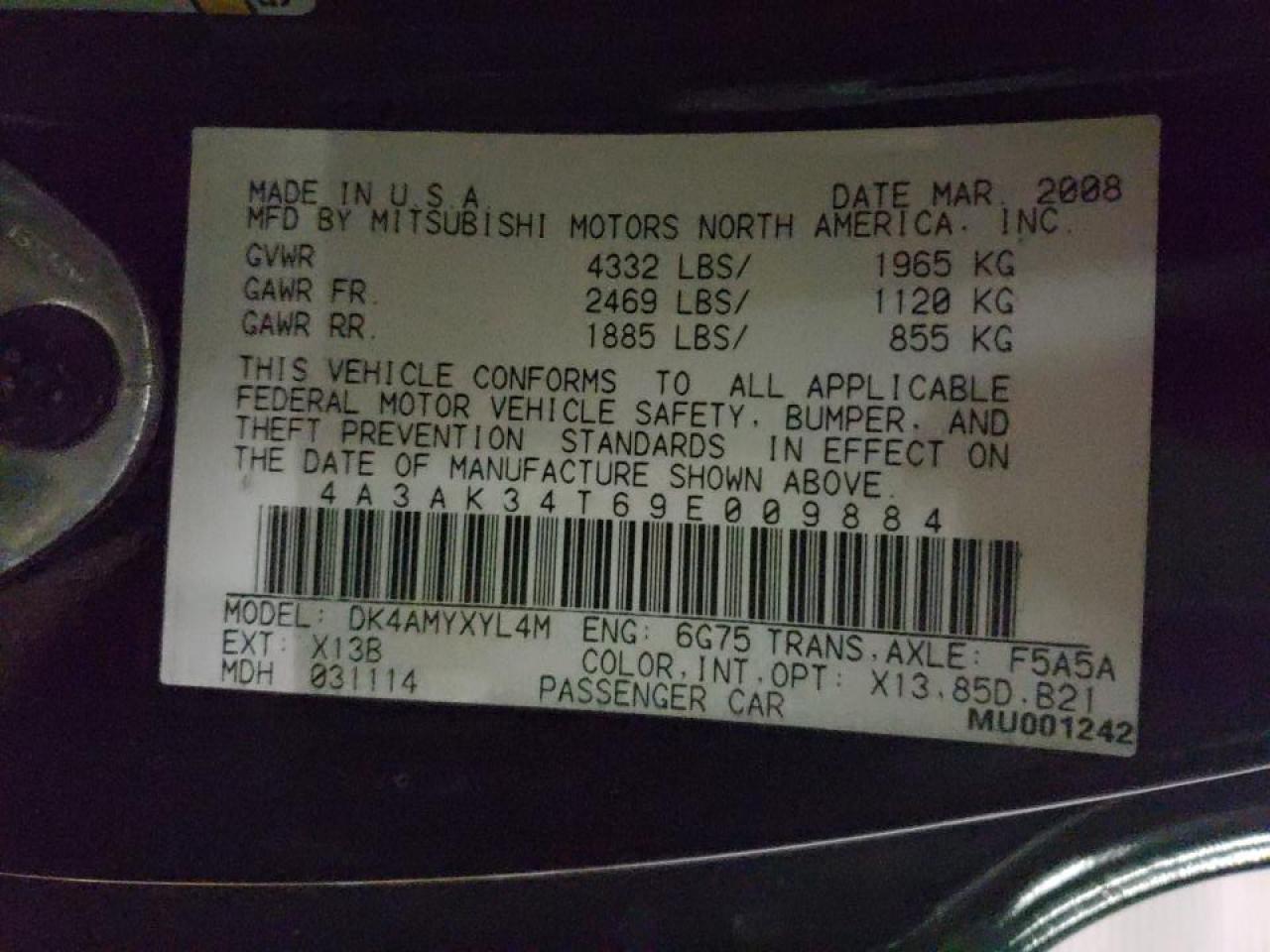 Photo 10 from auction – 2009 MITSUBISHI ECLIPSE GT with VIN 4A3AK34T69E009884