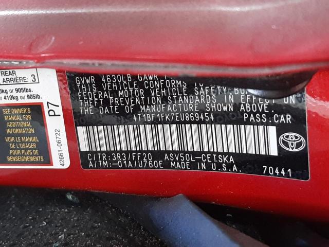 Photo 10 from auction – 2014 TOYOTA CAMRY L with VIN 4T1BF1FK7EU869454