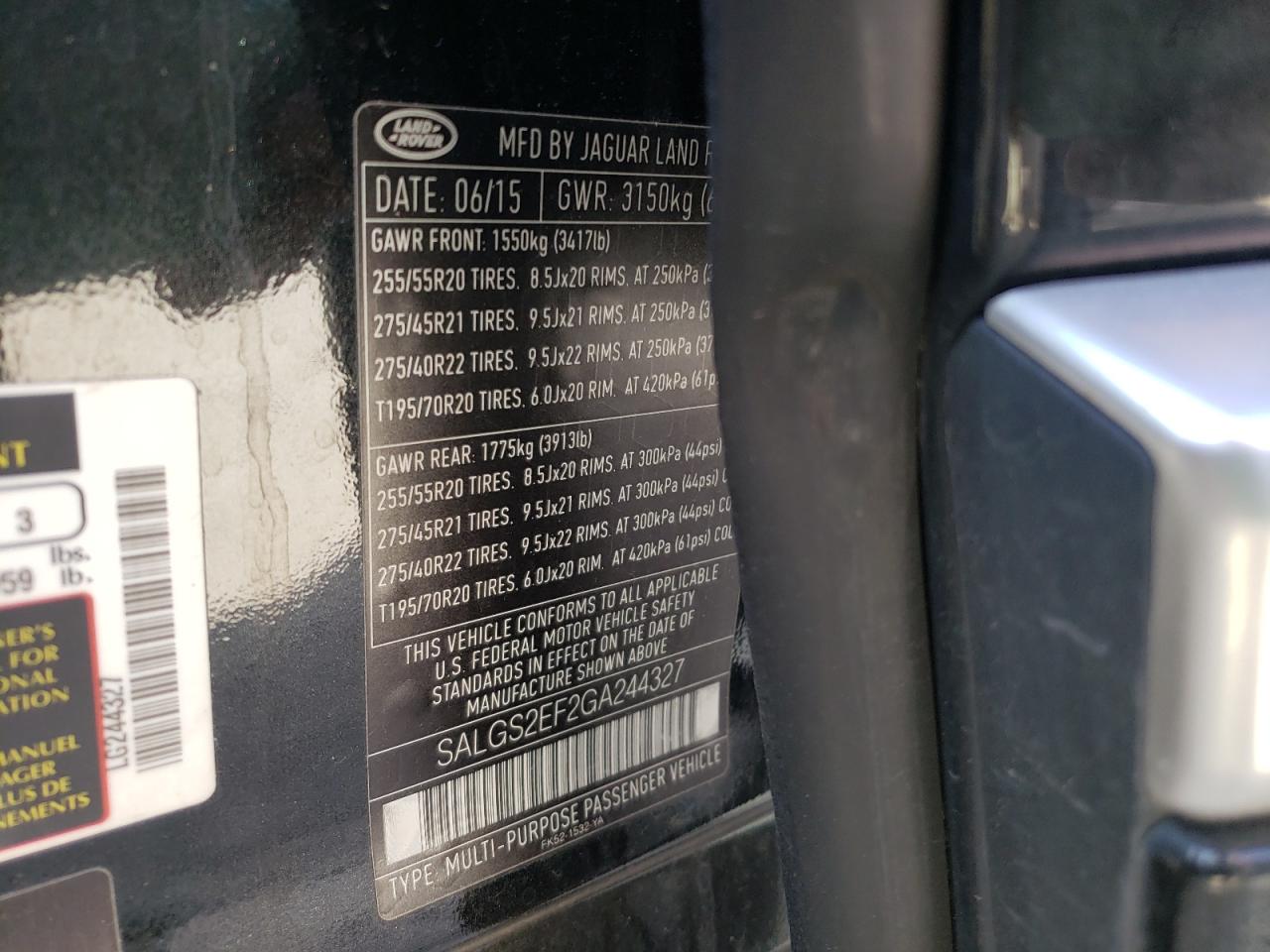 Photo 10 from auction – 2016 LAND ROVER RANGE ROVE with VIN SALGS2EF2GA244327