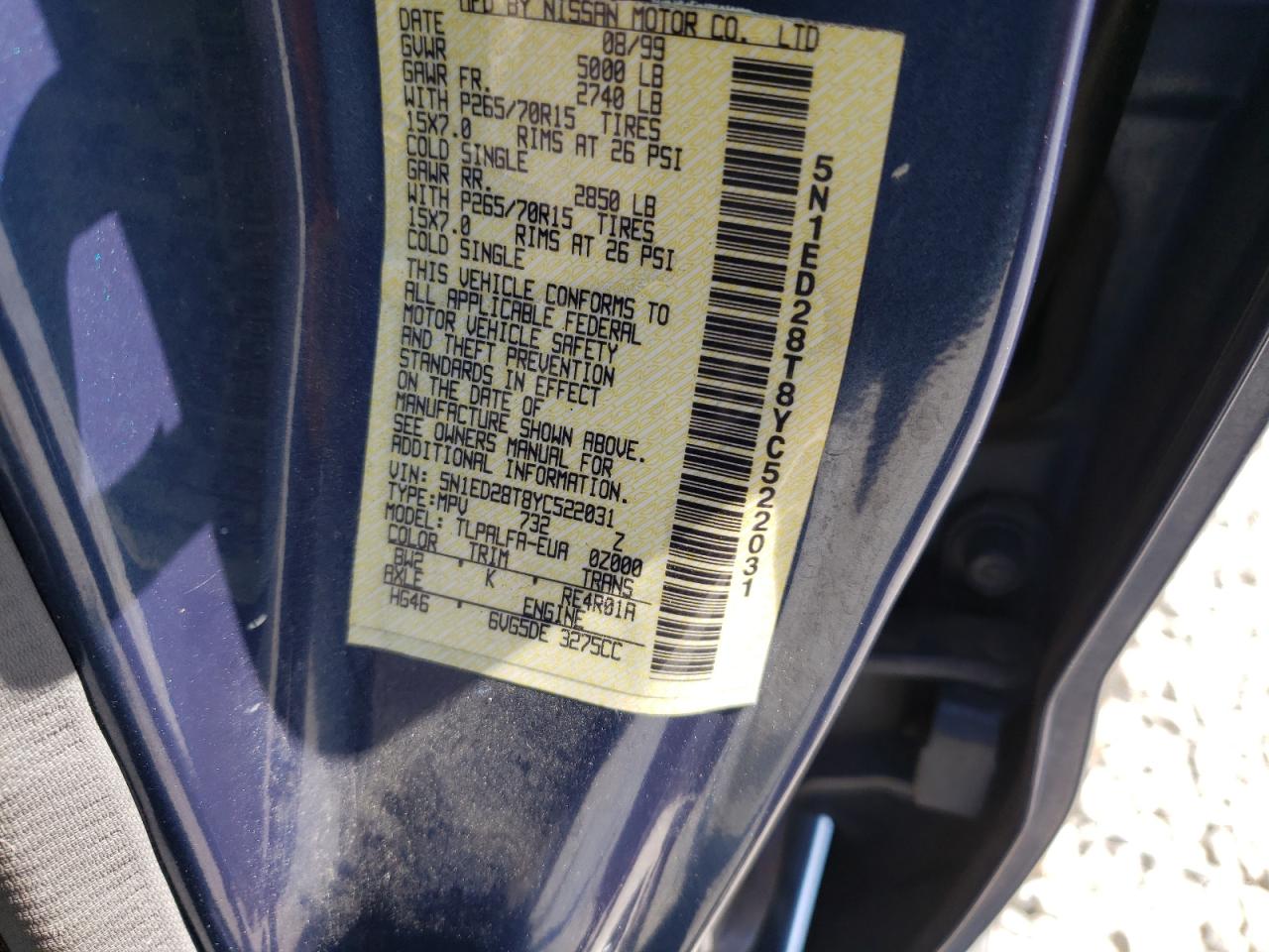 Photo 10 from auction – 2000 NISSAN XTERRA with VIN 5N1ED28T8YC522031