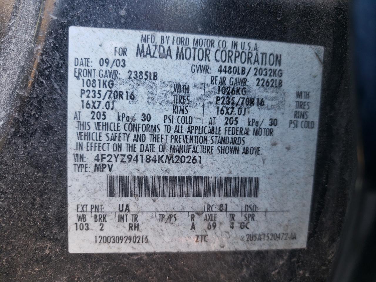 Photo 10 from auction – 2004 MAZDA TRIBUTE LX with VIN 4F2YZ94184KM20261