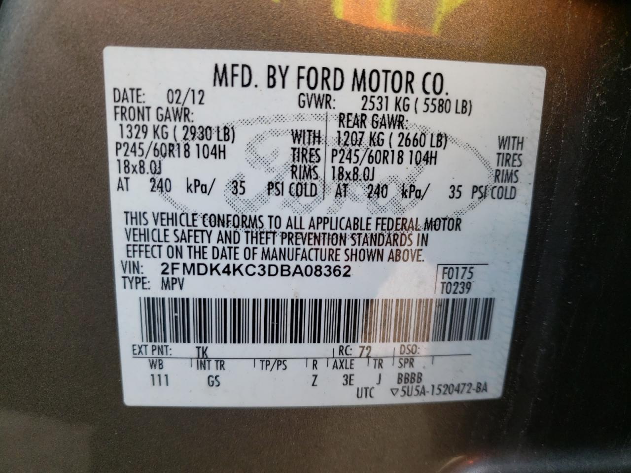 Photo 10 from auction – 2013 FORD EDGE LIMIT with VIN 2FMDK4KC3DBA08362