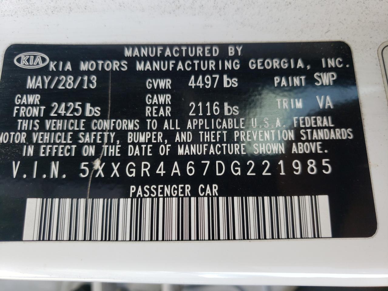 Photo 10 from auction – 2013 KIA OPTIMA SX with VIN 5XXGR4A67DG221985