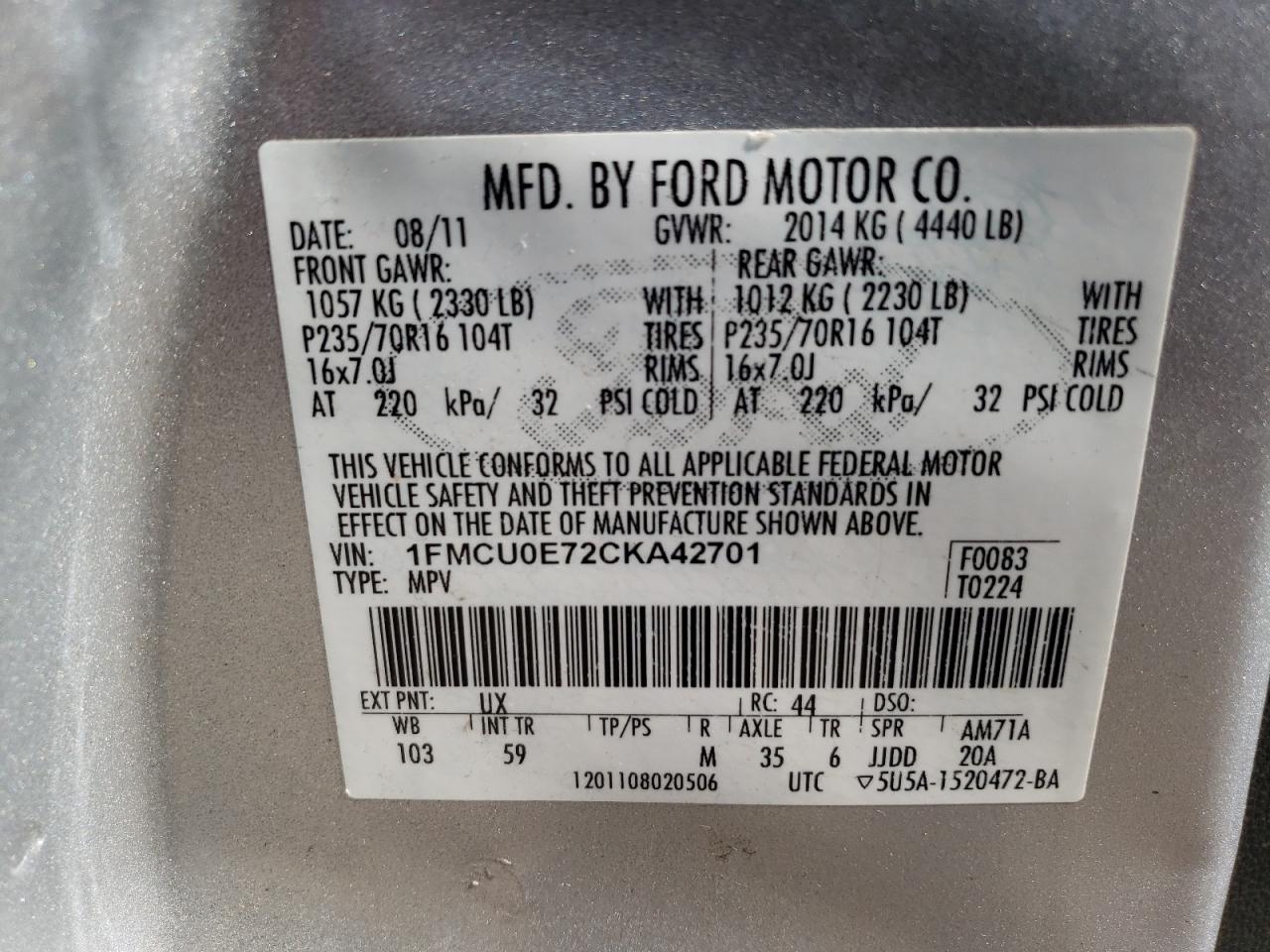 Photo 10 from auction – 2012 FORD ESCAPE LIM with VIN 1FMCU0E72CKA42701