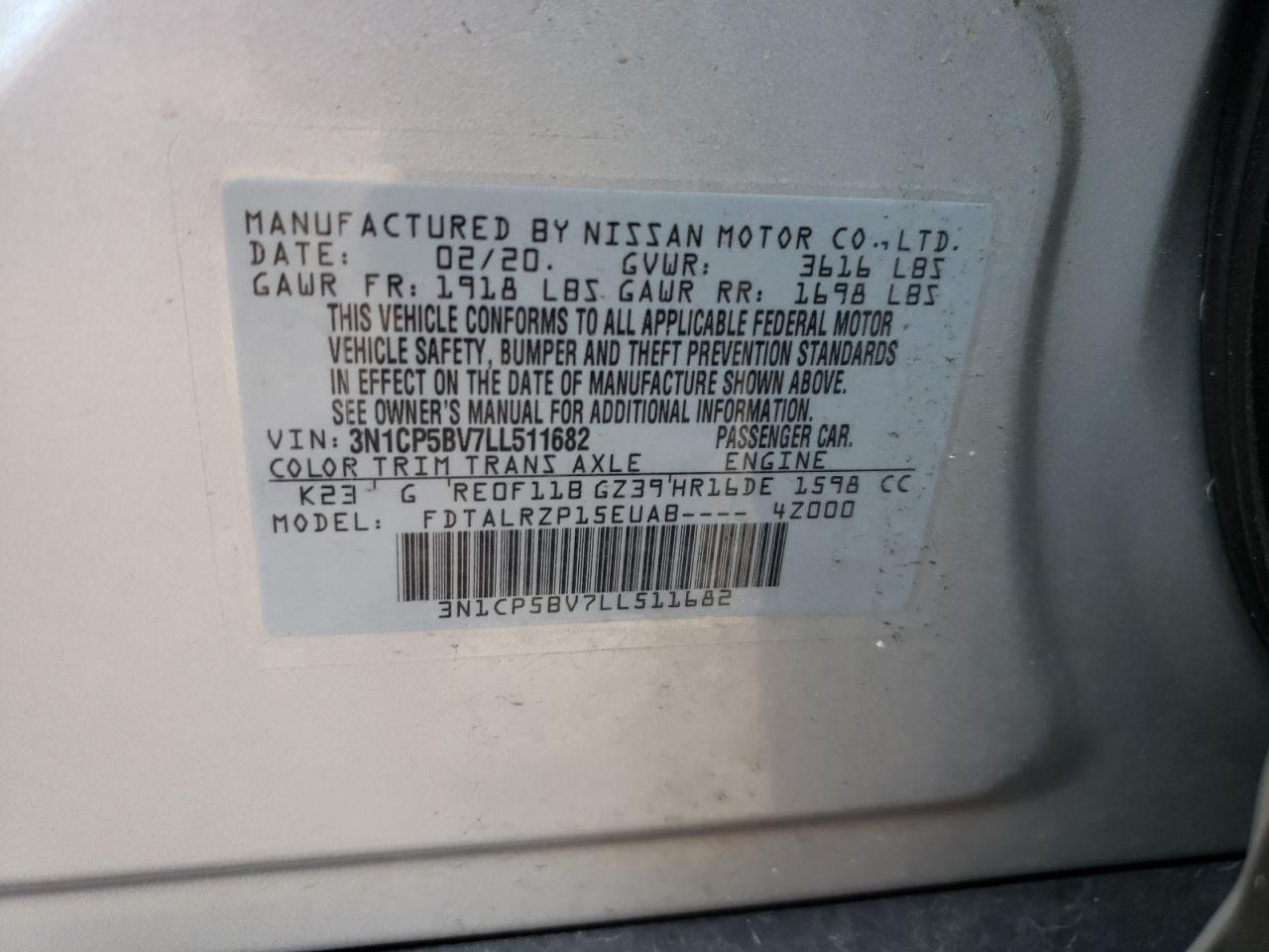 Photo 10 from auction – 2020 NISSAN KICKS S with VIN 3N1CP5BV7LL511682