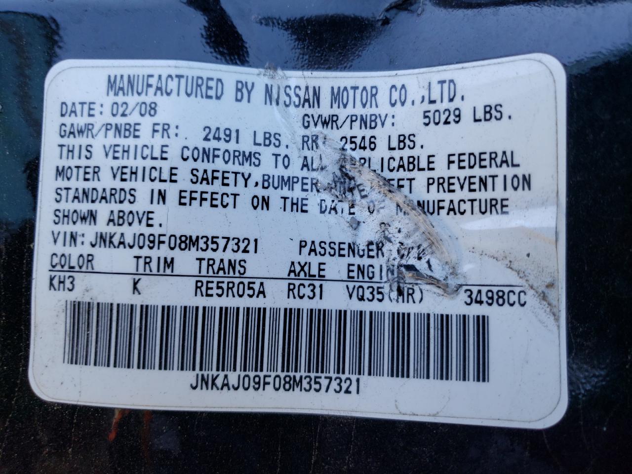 Photo 10 from auction – 2008 INFINITI EX35 BASE with VIN JNKAJ09F08M357321