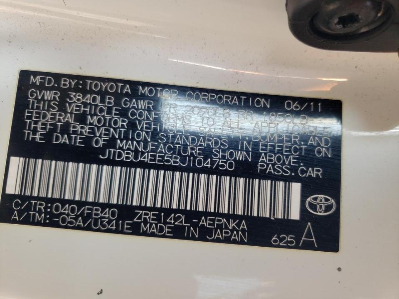 Photo 10 from auction – 2011 TOYOTA COROLLA BA with VIN JTDBU4EE5BJ104750