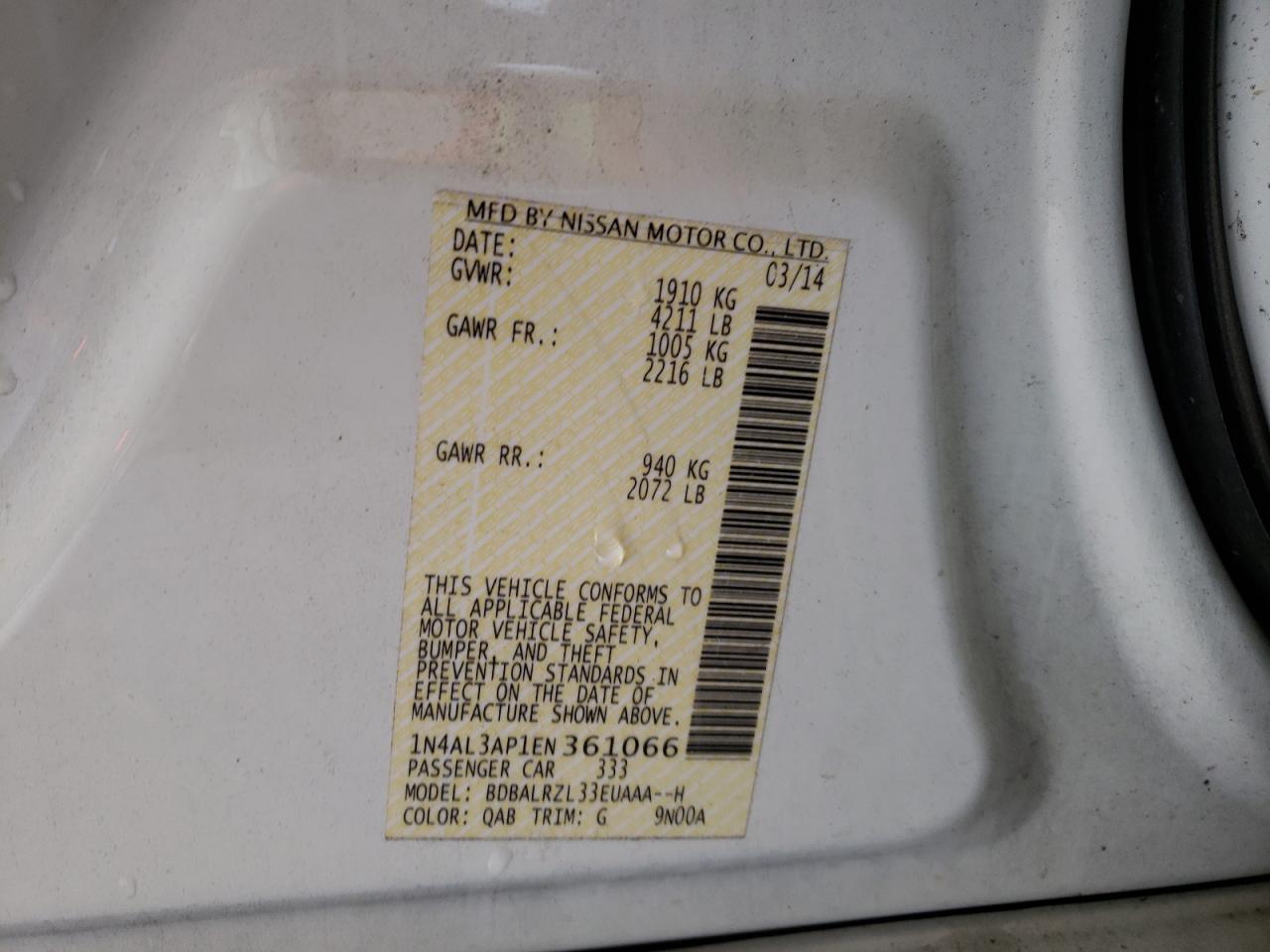 Photo 10 from auction – 2014 NISSAN ALTIMA 2.5 with VIN 1N4AL3AP1EN361066