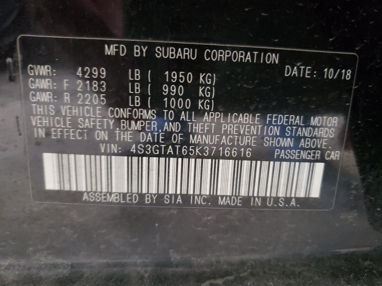 Photo 10 from auction – 2019 SUBARU IMPREZA LI with VIN 4S3GTAT65K3716616