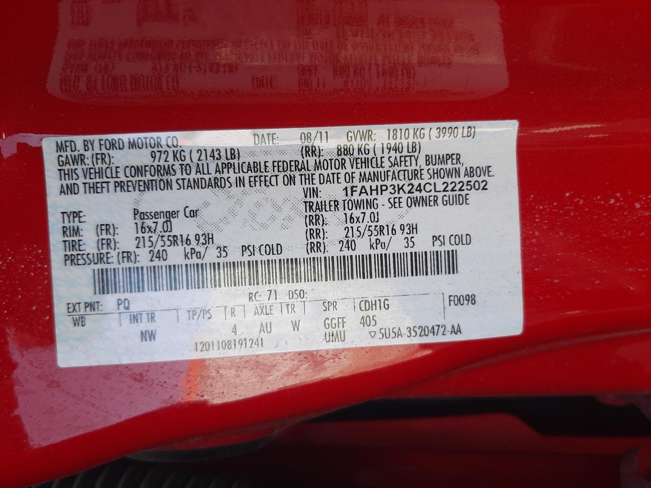 Photo 10 from auction – 2012 FORD FOCUS SE with VIN 1FAHP3K24CL222502