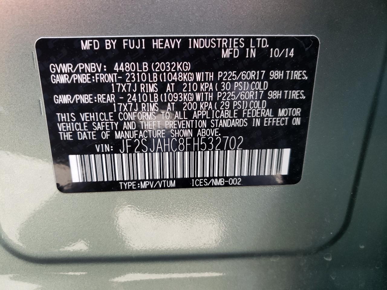 Photo 10 from auction – 2015 SUBARU FORESTER 2 with VIN JF2SJAHC8FH532702