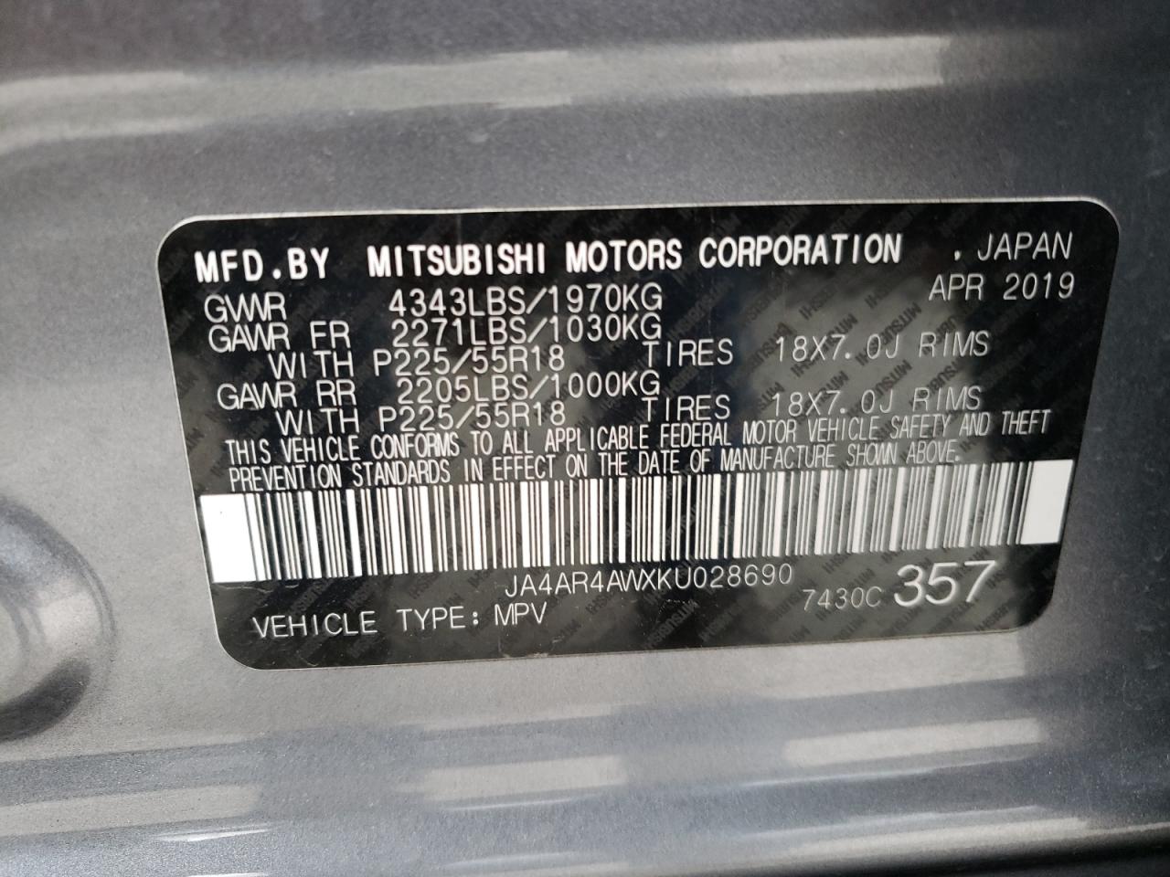 Photo 10 from auction – 2019 MITSUBISHI OUTLANDER with VIN JA4AR4AWXKU028690