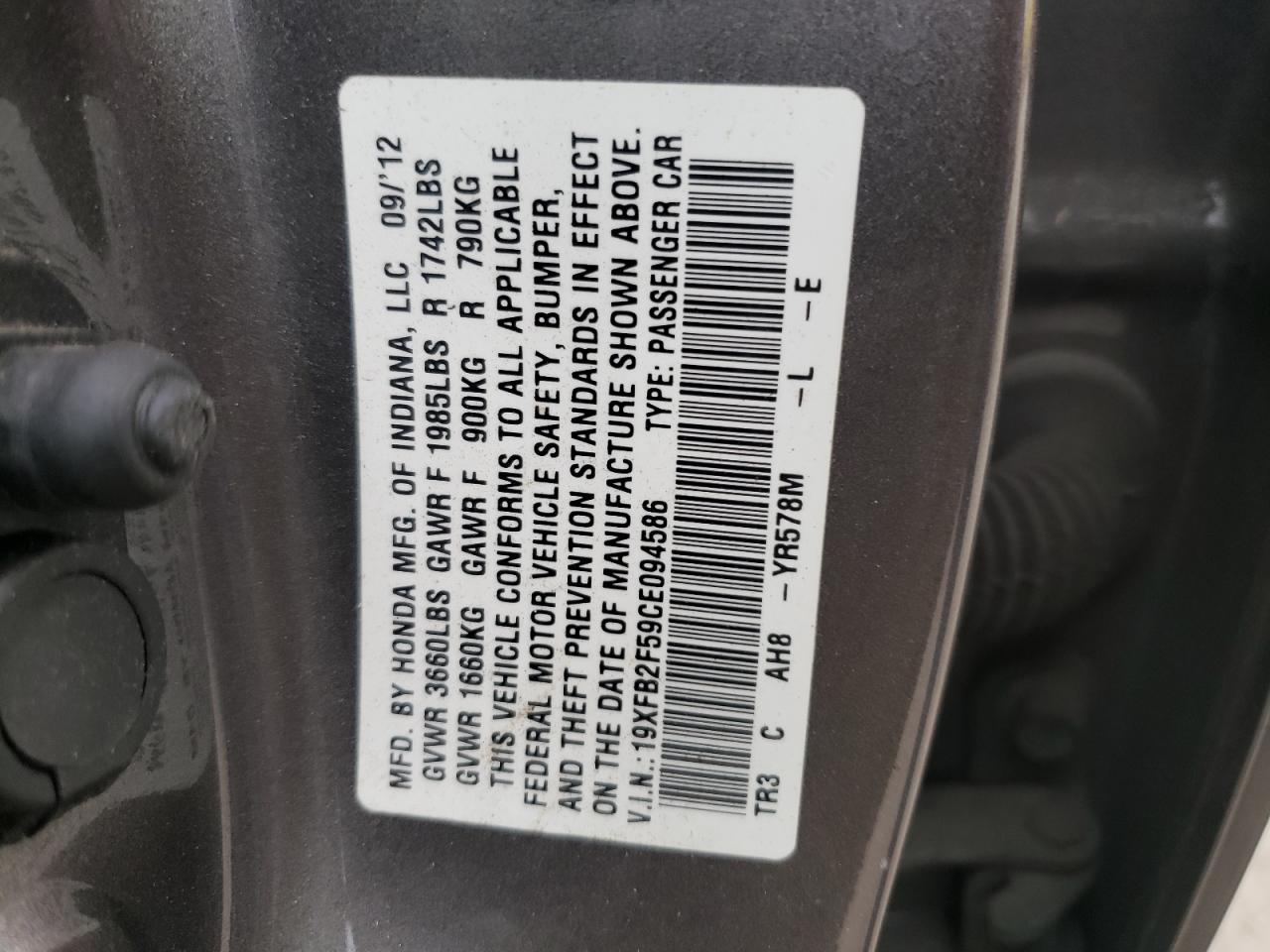صورة رقم 10 من المزاد - 2012 HONDA CIVIC LX مع VIN 19XFB2F59CE094586
