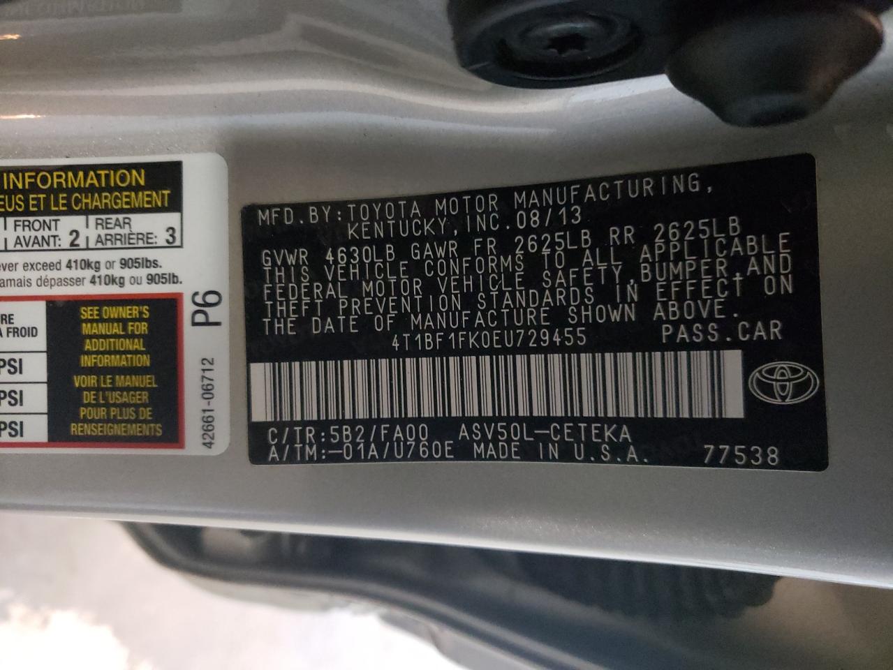 Photo 10 from auction – 2014 TOYOTA CAMRY L with VIN 4T1BF1FK0EU729455