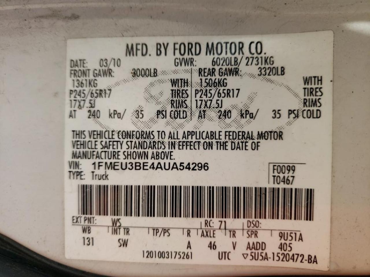 Photo 10 from auction – 2010 FORD EXPLORER S with VIN 1FMEU3BE4AUA54296