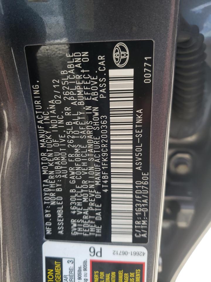 Photo 10 from auction – 2012 TOYOTA CAMRY BASE with VIN 4T4BF1FK9CR200363