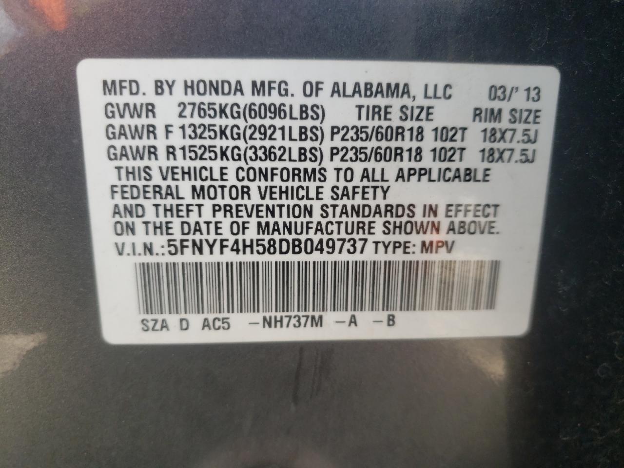 Photo 10 from auction – 2013 HONDA PILOT EXL with VIN 5FNYF4H58DB049737