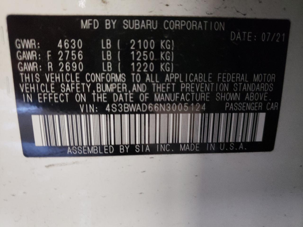 Photo 10 from auction – 2022 SUBARU LEGACY PRE with VIN 4S3BWAD66N3005124