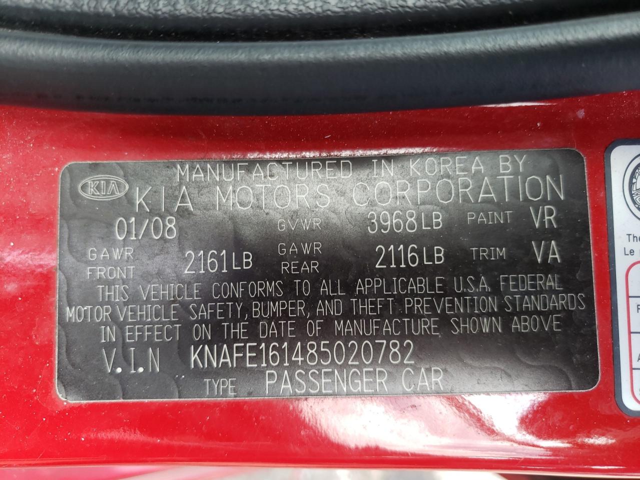 Photo 10 from auction – 2008 KIA SPECTRA5 5 with VIN KNAFE161485020782
