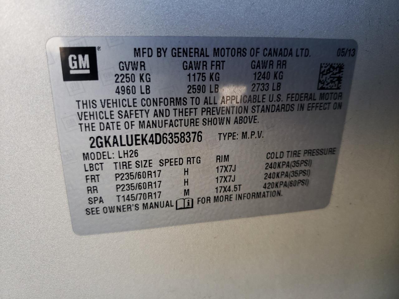 Photo 10 from auction – 2013 GMC TERRAIN SL with VIN 2GKALUEK4D6358376