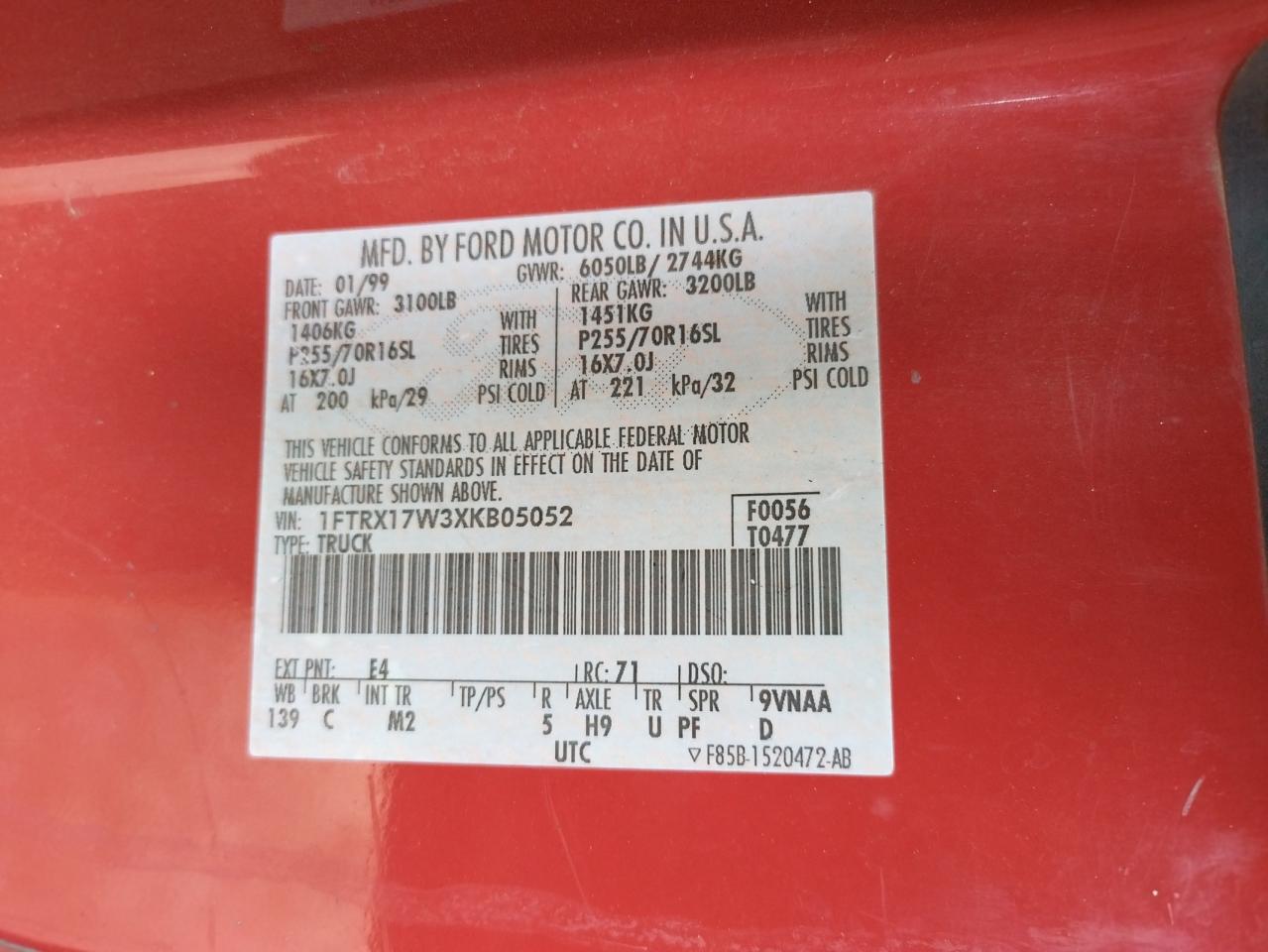 Photo 10 from auction – 1999 FORD F150 with VIN 1FTRX17W3XKB05052