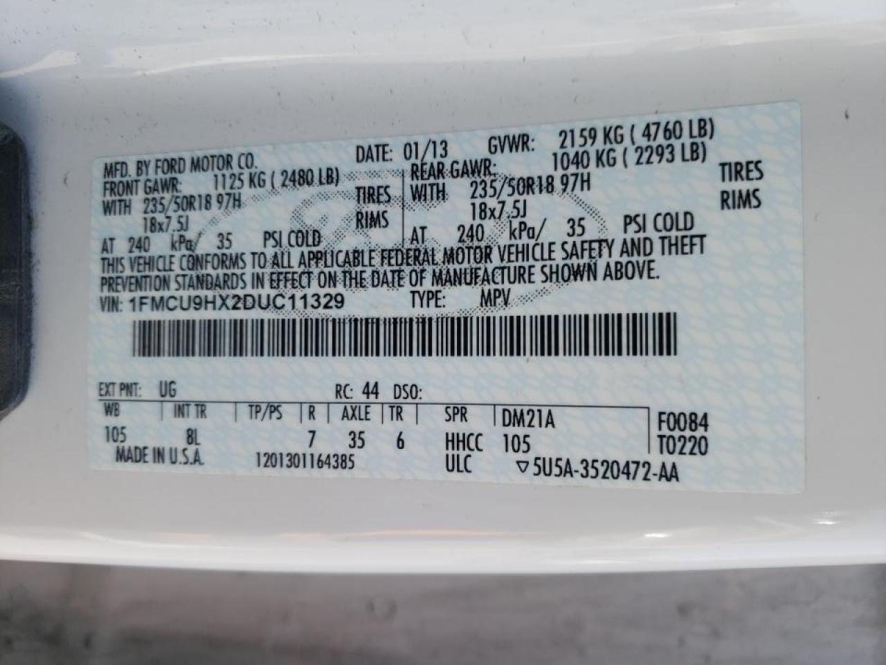Photo 10 from auction – 2013 FORD ESCAPE SEL with VIN 1FMCU9HX2DUC11329