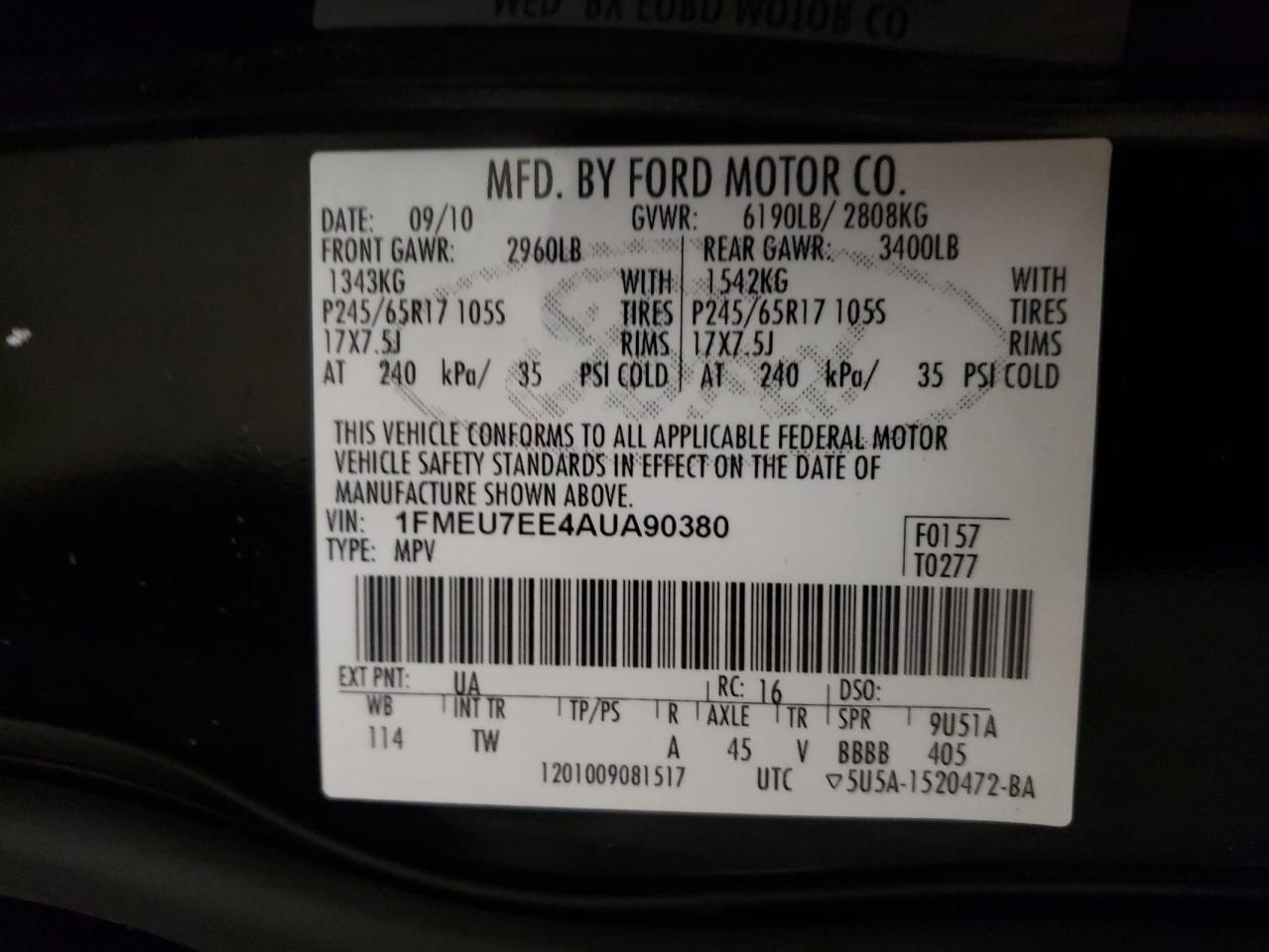 Photo 10 from auction – 2010 FORD EXPLORER E with VIN 1FMEU7EE4AUA90380