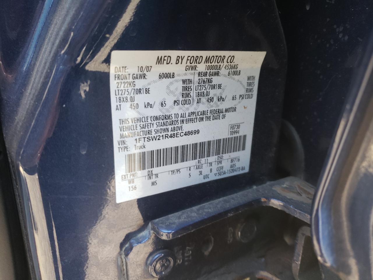 Photo 10 from auction – 2008 FORD F250 SUPER with VIN 1FTSW21R48EC48699