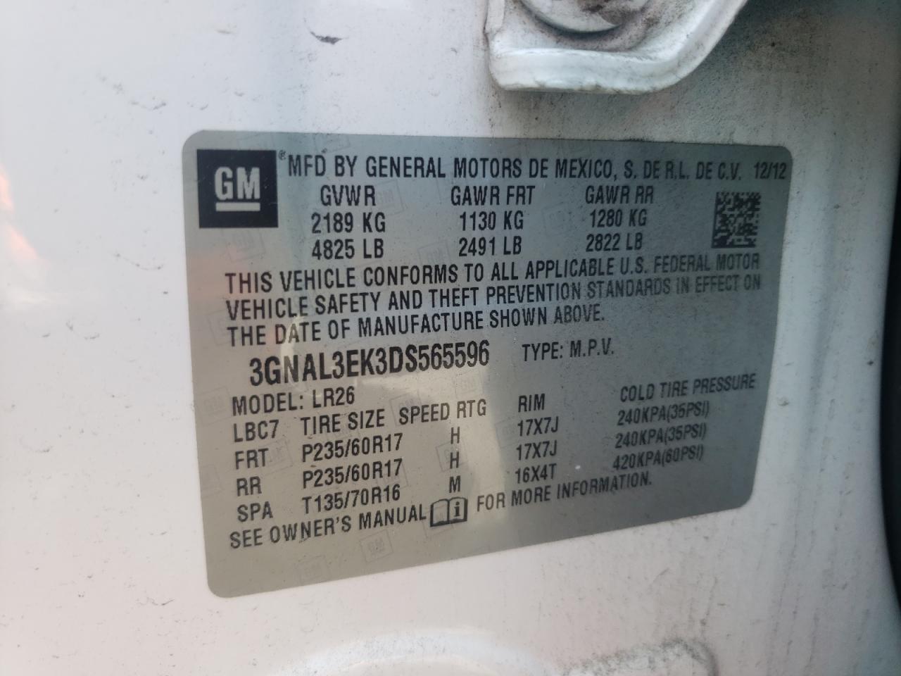 Photo 10 from auction – 2013 CHEVROLET CAPTIVA LT with VIN 3GNAL3EK3DS565596