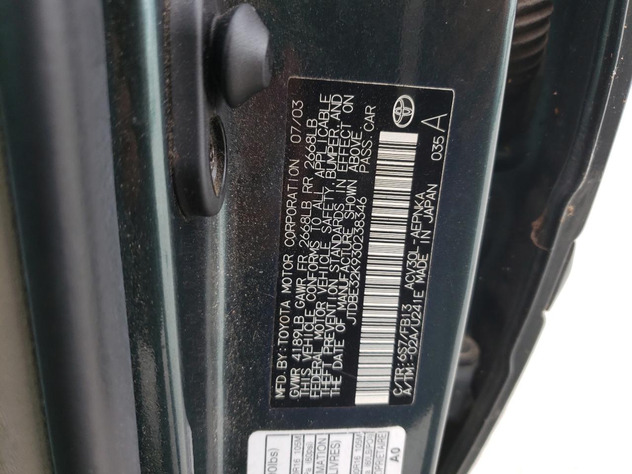 Photo 10 from auction – 2003 TOYOTA CAMRY LE with VIN JTDBE32K930238346