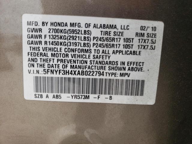 Photo 10 from auction – 2010 HONDA PILOT EX with VIN 5FNYF3H4XAB022794