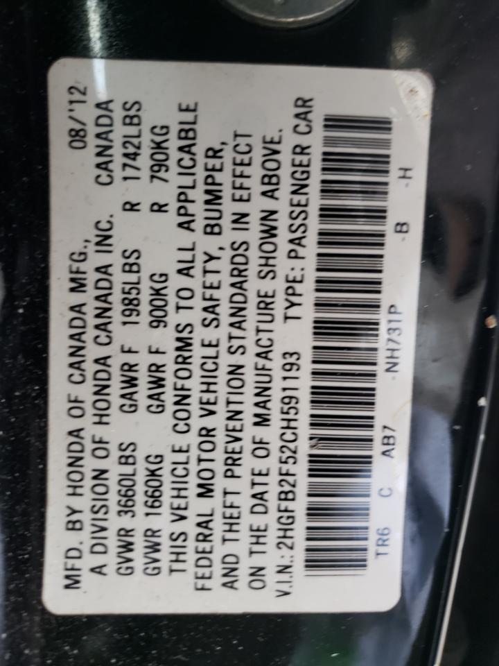 Photo 10 from auction – 2012 HONDA CIVIC LX with VIN 2HGFB2F52CH591193